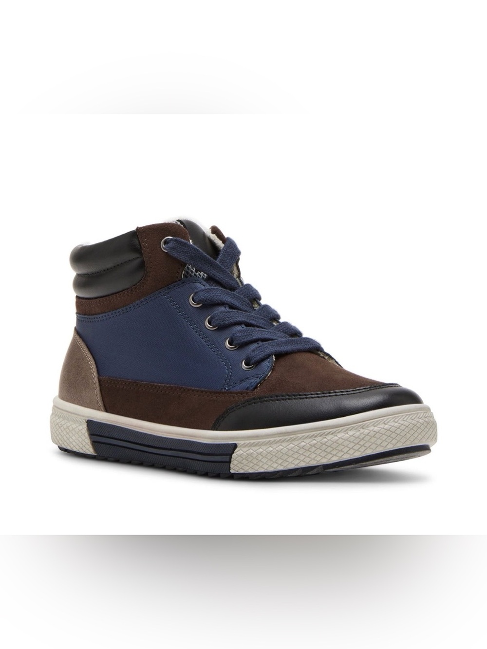 Brand New In Box Steve Madden Eliass Boys High Top Sneakers Size 5 Navy Brown - Picture 2 of 9